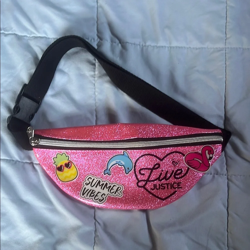 NWOT Justice Pink Glitter Waist Bag with Fun Patches